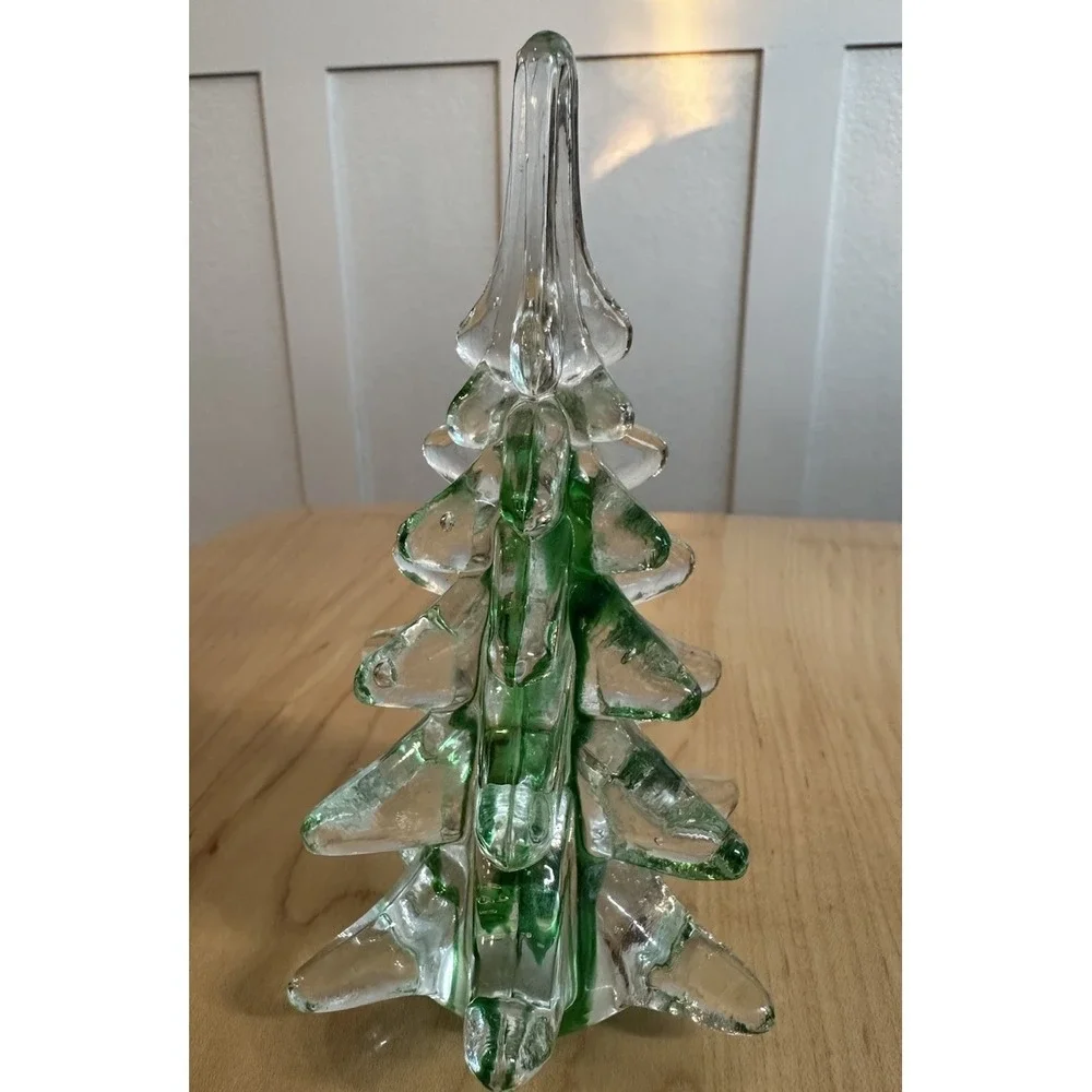 Vintage Glass Christmas Tree Green Ribbon Swirl Art Glass Taiwan